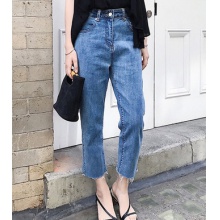 显瘦毛边高腰哈伦牛仔裤宽松直筒夏